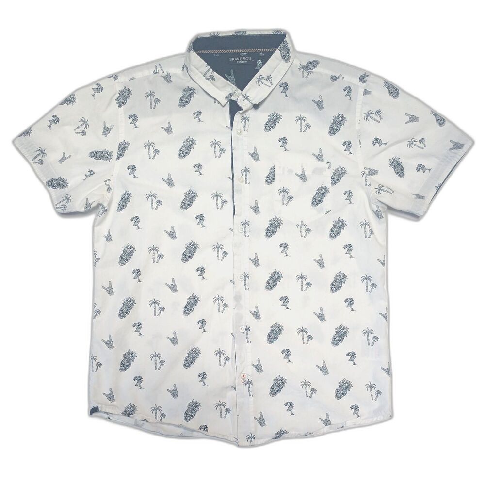 Brave Soul London Pineapple Skulls and Palms Size Medium White Hawaiian Shirt